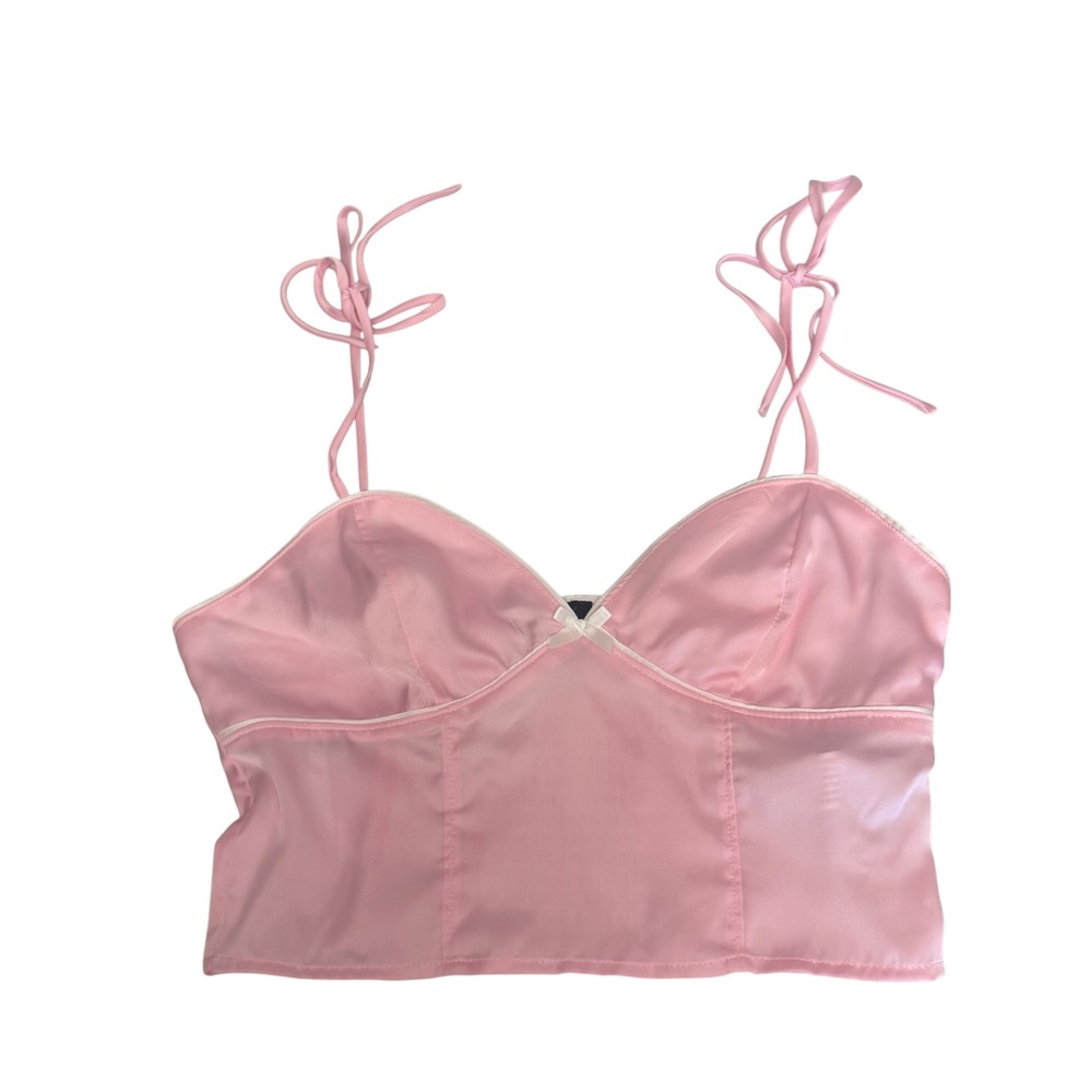Forever 21 Cami Top Bustier Tie Straps Smocked Women Small Pink Satin Y2K Girly